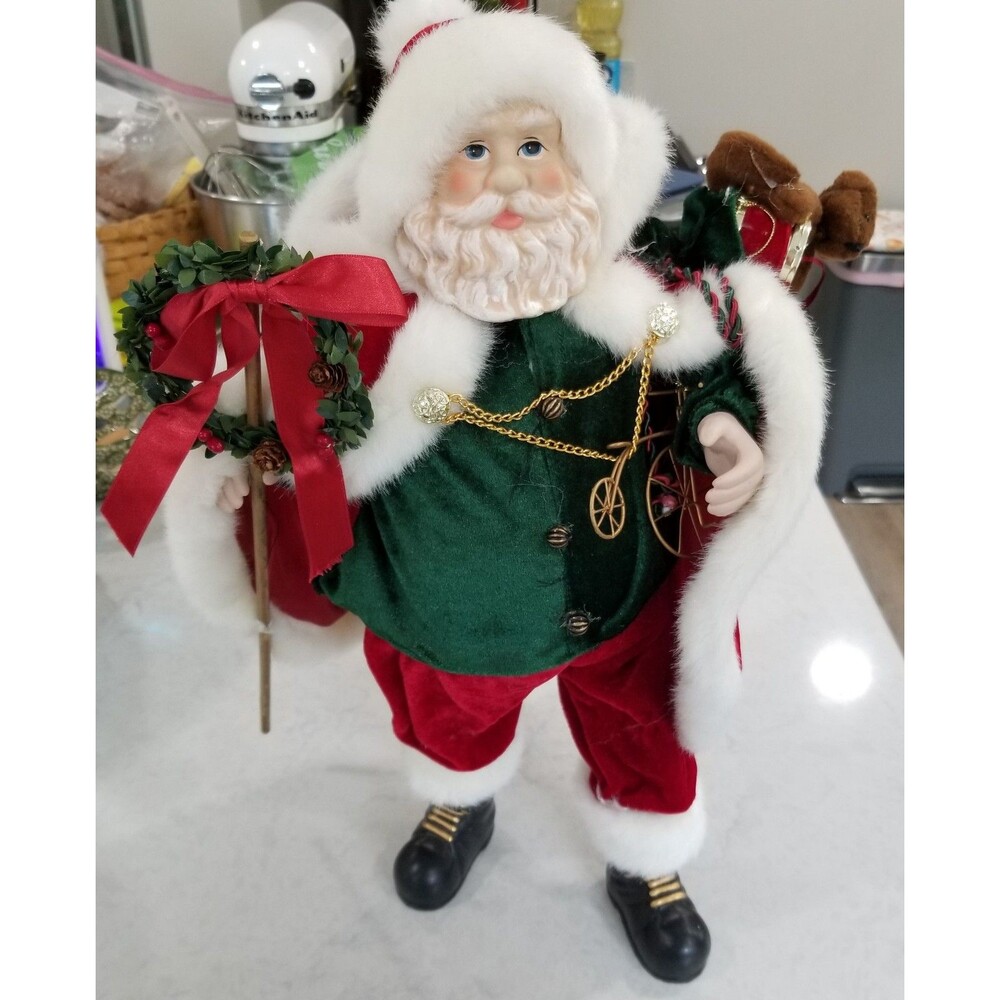 Santa Claus Christmas Figurine 18" Porcelain Face & Hands Wreath Bag Like New